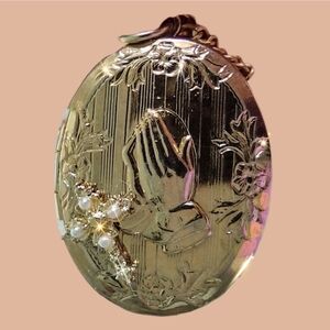 Gold Locket Praying Hands w/ Crystal Pearl Cross on Gold Chain